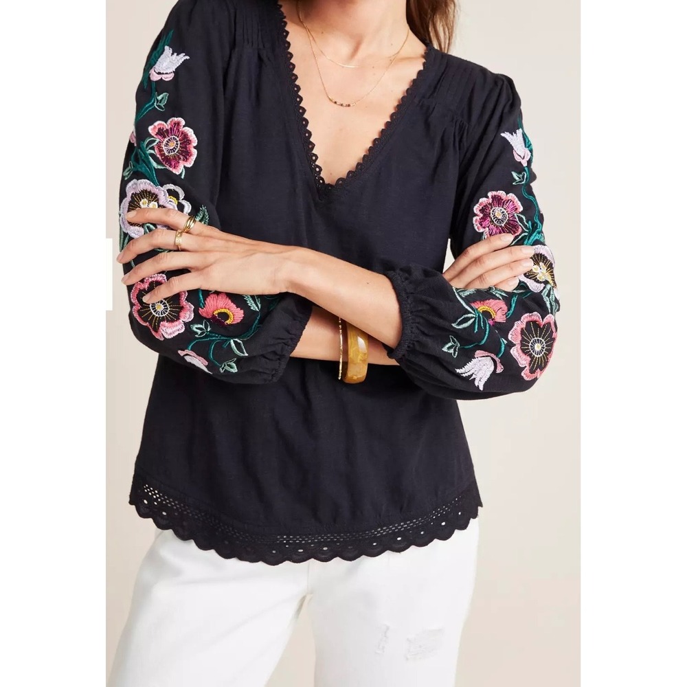 Anthropologie Womens Helene Embroidered Peasant Top XS Floral‎ Boho Eyelet Trim